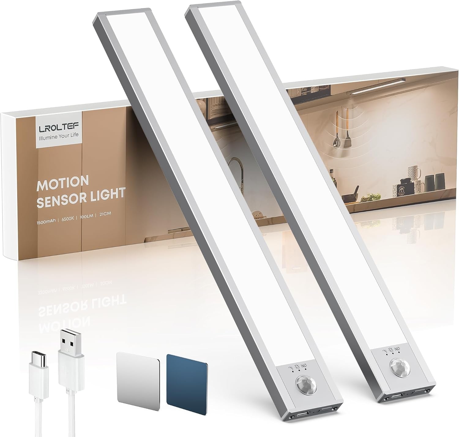 under Cabinet Lighting Wireless, 2 Pack 8.3 Inch 1500Mah 6500K Dimmable Motion Sensor Light Indoor, Rechargeable LED under Counter Lights for Kitchen, Shelf, Stairs, Closet